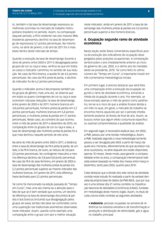 TEMPO EM CURSO                       3. Evolução da taxa de desemprego (tabelas 3 e 4)                                        6
Ano III; Vol. 3; nº 3, Março, 2011   4. Ocupação segundo ramo de atividade econômica



to, também o da taxa de desemprego expressou as                    neste indicador; ainda em janeiro de 2011 a taxa de de-
melhorias ocorridas no mercado de trabalho metro-                  semprego das mulheres pretas & pardas era 5,0 pontos
politano brasileiro no período. Assim, na comparação               percentuais superior a dos homens brancos.
daquele período, a PEA residente nas seis maiores RMs
brasileiras apresentou declínio na taxa de desempre-               4. Ocupação segundo ramo de atividade
go de expressivos 5,1 pontos percentuais. No mesmo                 econômica
rumo, na série de janeiro, o do ano de 2011 foi o mais
baixo dentro deste intervalo de tempo.                             Nesta seção serão feitos comentários específicos acer-
                                                                   ca da evolução dos indicadores de ocupação desa-
Quando a evolução da taxa de desemprego durante a                  gregados pelas posições ocupacionais. A comparação
série de janeiro entre 2003 e 2011 é desagregada pelos             verterá sobre o ano imediatamente anterior ao início
grupos de cor ou raça e sexo, verifica-se que em todos             do governo de Lula, 2002, e o último ano do mandato
os casos o indicador caminhou no sentido de sua redu-              deste ex-presidente, 2010. Tal como feito no último
ção. No caso da PEA branca, a queda foi de 4,5 pontos              número do “Tempo em Curso”, é importante insistir em
percentuais. No caso da PEA preta & parda, o declínio              três comentários metodológicos iniciais.
do indicador foi de 6,2 pontos percentuais.
                                                                   Em primeiro lugar, é preciso destacar que será feita
Quando o indicador acima é decomposto também pe-                   uma comparação entre a evolução da ocupação se-
los grupos de gênero, mais uma vez, se observa que                 gundo o ramo de atividade econômica, tomando a
em todos os quatro contingentes de cor ou raça e sexo              média da ocupação durante o ano. Por exemplo, se
ocorreram robustas reduções na taxa de desemprego                  fosse tomado apenas o mês de janeiro como parâme-
entre janeiro de 2003 e de 2011: homens brancos em                 tro, ter-se-ia o risco de que a análise ficasse detida a
3,8 pontos percentuais; homens pretos & pardos em 5,7              um mês no qual, em geral, o mercado de trabalho se
pontos percentuais; mulheres brancas em 5,4 pontos                 encontra menos aquecido por ser o período imedia-
percentuais, e mulheres pretas & pardas em 7,1 pontos              tamente posterior às festas de final de ano. Assim, se
percentuais. Neste caso, ao contrário do que ocorreu               buscou evitar que algum efeito conjuntural específico
entre o mês de janeiro de 2011 e dezembro de 2010, na              ou sazonal comprometesse a qualidade da análise.
comparação entre os grupos de cor ou raça e sexo, a
taxa de desemprego das mulheres pretas & pardas foi a              Em segundo lugar, é necessário explicar que, em 2002,
que mais declinou naquele período de oito anos.                    a PME passou por uma revisão metodológica. Assim,
                                                                   a PME realizada segundo a nova metodologia somente
Na série do mês de janeiro entre 2003 e 2011, a distância          passou a ser divulgada pelo IBGE a partir de março da-
entre a taxa de desemprego da PEA preta & parda, de um             quele ano. Portanto, diferentemente do que acontece nos
lado, e da PEA branca, de outro, se reduziu de 3,8 para            anos sucessivos, na série daquele ano estão disponíveis
2,0 pontos percentuais. No contingente masculino a mes-            apenas 10 meses. Deste modo, para garantir a compara-
ma diferença declinou de 2,8 para 0,8 ponto percentual.            bilidade entre os anos, a comparação intertemporal reali-
No caso da PEA do sexo feminino, em janeiro de 2003 a              zada esteve baseada na média dos meses entre março e
taxa de desemprego das mulheres pretas & pardas era                dezembro, tanto para 2002, quanto para 2010.
5,2 pontos percentuais superior ao mesmo indicador das
mulheres brancas. Em janeiro de 2011, esta diferença               Cabe destacar que a divisão dos sete ramos de atividade
havia declinado para 3,5 pontos percentuais.                       contida neste estudo foi realizada a partir da variável deri-
                                                                   vada da própria base de dados da PME/IBGE, que por sua
Tal como foi mencionado na edição passada do “Tempo                vez é uma síntese dos 21 ramos contidos na Classifica-
em Curso”, mais uma vez chama-se a atenção para o                  ção Nacional de Atividades Econômicas (CNAE), fundada
fato de que se é bem verdade que ocorreu um declínio               em metodologia deste mesmo órgão. Assim, no título de
da diferença na taxa de desemprego dos pretos & par-               cada coluna estão contidas as seguintes atividades:
dos e dos brancos (incluindo sua desagregação pelos
grupos de sexo), tal fato não deve ser confundido como                 • Indústria: pessoas ocupadas na semana de re-
uma superação nas tradicionais assimetrias observadas                  ferência na indústria extrativa e de transformação e
neste indicador. Assim, usando como exemplo uma                        produção e distribuição de eletricidade, gás e água
comparação entre o grupo com pior e melhor situação                    no trabalho principal;
 