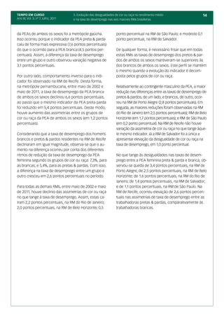 TEMPO EM CURSO                       5. Evolução das desigualdades de cor ou raça no rendimento médio                    14
Ano III; Vol. 3; nº 7, Julho, 2011   e na taxa de desemprego nas seis maiores RMs brasileiras



da PEAs de ambos os sexos foi a metrópole gaúcha.                  ponto percentual na RM de São Paulo; e modesto 0,1
Isso ocorreu porque o indicador da PEA preta & parda               ponto percentual, na RM de Salvador.
caiu de forma mais expressiva (7,6 pontos percentuais)
do que o ocorrido para a PEA branca (4,5 pontos per-               De qualquer forma, é necessário frisar que em todas
centuais). Assim, a diferença da taxa de desemprego                estas RMs as taxas de desemprego dos pretos & par-
entre um grupo e outro observou variação negativa de               dos de ambos os sexos mantiveram-se superiores às
3,1 pontos percentuais.                                            dos brancos de ambos os sexos. Este perfil se mantém
                                                                   o mesmo quando a evolução do indicador é decom-
Por outro lado, comportamento inverso para o indi-                 posta pelos grupos de cor ou raça.
cador foi observado na RM de Recife. Desta forma,
na metrópole pernambucana, entre maio de 2002 e                    Relativamente ao contingente masculino da PEA, a maior
maio de 2011, a taxa de desemprego da PEA branca                   redução nas diferenças entre as taxas de desemprego de
de ambos os sexos declinou 6,6 pontos percentuais,                 pretos & pardos, de um lado, e brancos, de outro, ocor-
ao passo que o mesmo indicador da PEA preta parda                  reu na RM de Porto Alegre (2,8 pontos percentuais). Em
foi reduzido em 5,4 pontos percentuais. Deste modo,                seguida, as maiores reduções foram observadas na RM
houve aumento das assimetrias entre os grupos de                   do Rio de Janeiro (em 2,5 pontos percentuais); RM de Belo
cor ou raça da PEA de ambos os sexos (em 1,2 pontos                Horizonte (em 1,7 pontos percentuais); e RM de São Paulo
percentuais).                                                      (em 0,2 ponto percentual). Na RM de Recife não houve
                                                                   variação da assimetria de cor ou raça no que tange àque-
Considerando que a taxa de desemprego dos homens                   le mesmo indicador. Já a RM de Salvador foi a única a
brancos e pretos & pardos residentes na RM de Recife               apresentar elevação da desigualdade de cor ou raça na
declinaram em igual magnitude, observa-se que o au-                taxa de desemprego, em 1,0 ponto percentual.
mento na diferença ocorreu por conta dos diferentes
ritmos de redução da taxa de desemprego da PEA                     No que tange às desigualdades nas taxas de desem-
feminina segundo os grupos de cor ou raça: 7,3%, para              prego entre a PEA feminina preta & parda e branca, ob-
as brancas; e 5,4%, para as pretas & pardas. Com isso,             servou-se queda de 3,4 pontos percentuais, na RM de
a diferença na taxa de desemprego entre um grupo e                 Porto Alegre; de 2,5 pontos percentuais, na RM de Belo
outro cresceu em 2,6 pontos percentuais no período.                Horizonte; de 1,6 pontos percentuais, na RM do Rio de
                                                                   Janeiro; de 1,4 pontos percentuais, na RM de Salvador;
Para todas as demais RMs, entre maio de 2002 e maio                e de 1,1 pontos percentuais, na RM de São Paulo. Na
de 2011, houve declínio das assimetrias de cor ou raça             RM de Recife, ocorreu elevação de 2,6 pontos percen-
no que tange à taxa de desemprego. Assim, estas ca-                tuais nas assimetrias de taxa de desemprego entre as
íram 2,2 pontos percentuais, na RM do Rio de Janeiro;              trabalhadoras pretas & pardas, comparativamente às
2,0 pontos percentuais, na RM de Belo Horizonte; 0,5               trabalhadoras brancas.
 