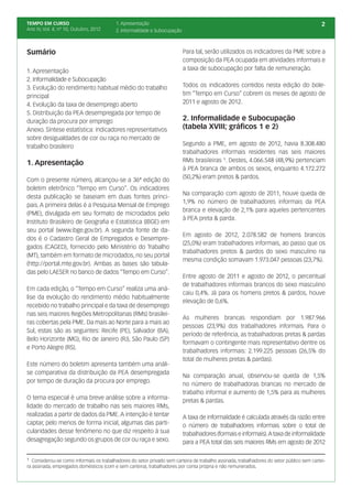 TEMPO EM CURSO                            1. Apresentação                                                                                   2
Ano IV, Vol. 4; nº 10, Outubro, 2012      2. Informalidade e Subocupação



Sumário                                                                    Para tal, serão utilizados os indicadores da PME sobre a
                                                                           composição da PEA ocupada em atividades informais e
1. Apresentação                                                            a taxa de subocupação por falta de remuneração.
2. Informalidade e Subocupação
3. Evolução do rendimento habitual médio do trabalho                       Todos os indicadores contidos nesta edição do bole-
principal                                                                  tim “Tempo em Curso” cobrem os meses de agosto de
4. Evolução da taxa de desemprego aberto                                   2011 e agosto de 2012.
5. Distribuição da PEA desempregada por tempo de
duração da procura por emprego                                             2. Informalidade e Subocupação
Anexo. Síntese estatística: indicadores representativos                    (tabela XVIII; gráficos 1 e 2)
sobre desigualdades de cor ou raça no mercado de
trabalho brasileiro                                                        Segundo a PME, em agosto de 2012, havia 8.308.480
                                                                           trabalhadores informais residentes nas seis maiores
                                                                           RMs brasileiras ¹. Destes, 4.066.548 (48,9%) pertenciam
1. Apresentação
                                                                           à PEA branca de ambos os sexos, enquanto 4.172.272
                                                                           (50,2%) eram pretos & pardos.
Com o presente número, alcançou-se a 36ª edição do
boletim eletrônico “Tempo em Curso”. Os indicadores
                                                                           Na comparação com agosto de 2011, houve queda de
desta publicação se baseiam em duas fontes princi-
                                                                           1,9% no número de trabalhadores informais da PEA
pais. A primeira delas é a Pesquisa Mensal de Emprego
                                                                           branca e elevação de 2,1% para aqueles pertencentes
(PME), divulgada em seu formato de microdados pelo
                                                                           à PEA preta & parda.
Instituto Brasileiro de Geografia e Estatística (IBGE) em
seu portal (www.ibge.gov.br). A segunda fonte de da-
                                                                           Em agosto de 2012, 2.078.582 de homens brancos
dos é o Cadastro Geral de Empregados e Desempre-
                                                                           (25,0%) eram trabalhadores informais, ao passo que os
gados (CAGED), fornecido pelo Ministério do Trabalho
                                                                           trabalhadores pretos & pardos do sexo masculino na
(MT), também em formato de microdados, no seu portal
                                                                           mesma condição somavam 1.973.047 pessoas (23,7%).
(http://portal.mte.gov.br). Ambas as bases são tabula-
das pelo LAESER no banco de dados “Tempo em Curso”.
                                                                           Entre agosto de 2011 e agosto de 2012, o percentual
                                                                           de trabalhadores informais brancos do sexo masculino
Em cada edição, o “Tempo em Curso” realiza uma aná-
                                                                           caiu 0,4%. Já para os homens pretos & pardos, houve
lise da evolução do rendimento médio habitualmente
                                                                           elevação de 0,6%.
recebido no trabalho principal e da taxa de desemprego
nas seis maiores Regiões Metropolitanas (RMs) brasilei-
                                                                           As mulheres brancas respondiam por 1.987.966
ras cobertas pela PME. Da mais ao Norte para a mais ao
                                                                           pessoas (23,9%) dos trabalhadores informais. Para o
Sul, estas são as seguintes: Recife (PE), Salvador (BA),
                                                                           período de referência, as trabalhadoras pretas & pardas
Belo Horizonte (MG), Rio de Janeiro (RJ), São Paulo (SP)
                                                                           formavam o contingente mais representativo dentre os
e Porto Alegre (RS).
                                                                           trabalhadores informais: 2.199.225 pessoas (26,5% do
                                                                           total de mulheres pretas & pardas).
Este número do boletim apresenta também uma análi-
se comparativa da distribuição da PEA desempregada
                                                                           Na comparação anual, observou-se queda de 1,5%
por tempo de duração da procura por emprego.
                                                                           no número de trabalhadoras brancas no mercado de
                                                                           trabalho informal e aumento de 1,5% para as mulheres
O tema especial é uma breve análise sobre a informa-
                                                                           pretas & pardas.
lidade do mercado de trabalho nas seis maiores RMs,
realizadas a partir de dados da PME. A intenção é tentar                   A taxa de informalidade é calculada através da razão entre
captar, pelo menos de forma inicial, algumas das parti-                    o número de trabalhadores informais sobre o total de
cularidades desse fenômeno no que diz respeito à sua                       trabalhadores (formais e informais). A taxa de informalidade
desagregação segundo os grupos de cor ou raça e sexo.                      para a PEA total das seis maiores RMs em agosto de 2012


¹ Considerou-se como informais os trabalhadores do setor privado sem carteira de trabalho assinada, trabalhadores do setor público sem cartei-
ra assinada, empregados domésticos (com e sem carteira), trabalhadores por conta própria e não remunerados.
 
