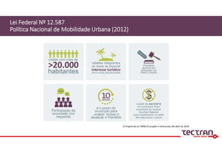 Lei Federal Nº 12.587 
Política Nacional de Mobilidade Urbana (2012)
O Projeto de Lei 7898/14 propõe o novo prazo até abril de 2018.
 