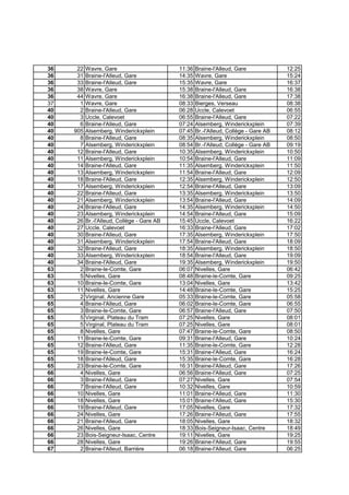 36 22 Wavre, Gare 11:36 Braine-l'Alleud, Gare 12:25
36 31 Braine-l'Alleud, Gare 14:35 Wavre, Gare 15:24
36 33 Braine-l'Alleud, Gare 15:35 Wavre, Gare 16:37
36 38 Wavre, Gare 15:38 Braine-l'Alleud, Gare 16:38
36 44 Wavre, Gare 16:38 Braine-l'Alleud, Gare 17:38
37 1 Wavre, Gare 08:33 Bierges, Verseau 08:38
40 2 Braine-l'Alleud, Gare 06:28 Uccle, Calevoet 06:55
40 3 Uccle, Calevoet 06:55 Braine-l'Alleud, Gare 07:22
40 6 Braine-l'Alleud, Gare 07:24 Alsemberg, Winderickxplein 07:39
40 905 Alsemberg, Winderickxplein 07:45 Br.-l'Alleud, Collège - Gare AB 08:12
40 8 Braine-l'Alleud, Gare 08:35 Alsemberg, Winderickxplein 08:50
40 7 Alsemberg, Winderickxplein 08:54 Br.-l'Alleud, Collège - Gare AB 09:19
40 12 Braine-l'Alleud, Gare 10:35 Alsemberg, Winderickxplein 10:50
40 11 Alsemberg, Winderickxplein 10:54 Braine-l'Alleud, Gare 11:09
40 14 Braine-l'Alleud, Gare 11:35 Alsemberg, Winderickxplein 11:50
40 13 Alsemberg, Winderickxplein 11:54 Braine-l'Alleud, Gare 12:09
40 18 Braine-l'Alleud, Gare 12:35 Alsemberg, Winderickxplein 12:50
40 17 Alsemberg, Winderickxplein 12:54 Braine-l'Alleud, Gare 13:09
40 22 Braine-l'Alleud, Gare 13:35 Alsemberg, Winderickxplein 13:50
40 21 Alsemberg, Winderickxplein 13:54 Braine-l'Alleud, Gare 14:09
40 24 Braine-l'Alleud, Gare 14:35 Alsemberg, Winderickxplein 14:50
40 23 Alsemberg, Winderickxplein 14:54 Braine-l'Alleud, Gare 15:09
40 26 Br.-l'Alleud, Collège - Gare AB 15:45 Uccle, Calevoet 16:22
40 27 Uccle, Calevoet 16:33 Braine-l'Alleud, Gare 17:02
40 30 Braine-l'Alleud, Gare 17:35 Alsemberg, Winderickxplein 17:50
40 31 Alsemberg, Winderickxplein 17:54 Braine-l'Alleud, Gare 18:09
40 32 Braine-l'Alleud, Gare 18:35 Alsemberg, Winderickxplein 18:50
40 33 Alsemberg, Winderickxplein 18:54 Braine-l'Alleud, Gare 19:09
40 34 Braine-l'Alleud, Gare 19:35 Alsemberg, Winderickxplein 19:50
63 2 Braine-le-Comte, Gare 06:07 Nivelles, Gare 06:42
63 5 Nivelles, Gare 08:48 Braine-le-Comte, Gare 09:25
63 10 Braine-le-Comte, Gare 13:04 Nivelles, Gare 13:42
63 11 Nivelles, Gare 14:48 Braine-le-Comte, Gare 15:25
65 2 Virginal, Ancienne Gare 05:33 Braine-le-Comte, Gare 05:58
65 4 Braine-l'Alleud, Gare 06:02 Braine-le-Comte, Gare 06:55
65 3 Braine-le-Comte, Gare 06:57 Braine-l'Alleud, Gare 07:50
65 5 Virginal, Plateau du Tram 07:25 Nivelles, Gare 08:01
65 5 Virginal, Plateau du Tram 07:25 Nivelles, Gare 08:01
65 8 Nivelles, Gare 07:47 Braine-le-Comte, Gare 08:50
65 11 Braine-le-Comte, Gare 09:31 Braine-l'Alleud, Gare 10:24
65 12 Braine-l'Alleud, Gare 11:35 Braine-le-Comte, Gare 12:28
65 19 Braine-le-Comte, Gare 15:31 Braine-l'Alleud, Gare 16:24
65 18 Braine-l'Alleud, Gare 15:35 Braine-le-Comte, Gare 16:28
65 23 Braine-le-Comte, Gare 16:31 Braine-l'Alleud, Gare 17:26
66 4 Nivelles, Gare 06:56 Braine-l'Alleud, Gare 07:25
66 3 Braine-l'Alleud, Gare 07:27 Nivelles, Gare 07:54
66 7 Braine-l'Alleud, Gare 10:32 Nivelles, Gare 10:59
66 10 Nivelles, Gare 11:01 Braine-l'Alleud, Gare 11:30
66 18 Nivelles, Gare 15:01 Braine-l'Alleud, Gare 15:30
66 19 Braine-l'Alleud, Gare 17:05 Nivelles, Gare 17:32
66 24 Nivelles, Gare 17:26 Braine-l'Alleud, Gare 17:55
66 21 Braine-l'Alleud, Gare 18:05 Nivelles, Gare 18:32
66 26 Nivelles, Gare 18:33 Bois-Seigneur-Isaac, Centre 18:49
66 23 Bois-Seigneur-Isaac, Centre 19:11 Nivelles, Gare 19:25
66 28 Nivelles, Gare 19:26 Braine-l'Alleud, Gare 19:55
67 2 Braine-l'Alleud, Barrière 06:18 Braine-l'Alleud, Gare 06:25
 