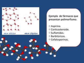 Ejemplo de fármacos que
presentan polimorfismo:

o Aspirina.
o Corticosteroide.
o Sulfamidas.
o Barbitúricos.
o Cefalosporinas.
 