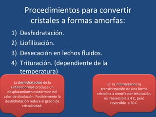 Procedimientos para convertir
               cristales a formas amorfas:
    1)    Deshidratación.
    2)    Liofilización.
    3)    Desecación en lechos fluidos.
    4)    Trituración. (dependiente de la
          temperatura)
       La deshidratación de la                 En la indometacina la
     Cefalosporinas produce un            transformación de una forma
  desplazamiento exotérmico del        cristalina a amorfa por trituración,
calor de disolución. Posiblemente la        es irreversible a 4 C, pero
 deshidratación reduce el grado de               reversible a 30 C.
            cristalinidad.
 