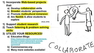 1) Incorporate Web-based projects
that:
a) Develop collaboration skills
b) Broaden students’ perspectives
c) Promote multicultural immersion
d) Are flexible & allow students to
explore
(Heick, 2018)
1) Support student research
2) Teach listening & problem solving
skills
3) UTILIZE YOUR RESOURCES!
a) Education Blogs
(https://lizebersole.org/iste-coaching-standards-
bportfolio/5-digital-citizenship/5c-promote-
diversity-cultural-understanding-global-
awareness/)
b) Commonsense.org
c) Many more websites available!
 