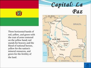 Name: Bolivia Capital: La Paz Three horizontal bands of red, yellow, and green with the coat of arms centered on the yellow band; red stands for bravery and the blood of national heroes, yellow for the nation's mineral resources, and green for the fertility of  the land. 