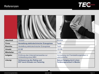 Referenzen




  Abschluß:                 10/2005                                           05/2004
  Firma:                    Herstellung elektrotechnischer Erzeugnisse        Textil
  Branche:                  Herstellung elektrotechnischer Erzeugnisse        Textil
  Umsatz:                   60 M€                                             135 M€
  Mitarbeiter:              400                                               1.100
  Aufgabe:                  Erhöhung des Unternehmenswertes zur               Vermeidung von Fremdwä hrungsrisiken in
                            Vorbereitung eines MBO                            Lateinamerika
  Lösung:                   Verbesserung des Rating und                       Natural Hedging durch einen
                            DCF durch Einsatz von Factoring                   Forderungsverkauf in Mexiko




Unternehmensprä sentation                                      www.tec7.net                                             Seite 18
 
