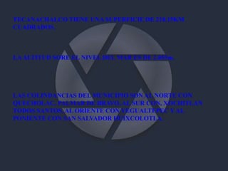 TECANACHALCO TIENE UNA SUPERFICIE DE 218.15KM CUADRADOS.LA ALTITUD SORE EL NIVEL DEL MAR ES DE 2.055m.LAS COLINDANCIAS DEL MUNICIPIO SON AL NORTE CON  QUECHOLAC, PALMAR DE BRAVO, AL SUR CON, XOCHITLAN TODOS SANTOS, AL ORIENTE CON YEGUALTEPEC Y AL PONIENTE CON SAN SALVADOR HUIXCOLOTLA.