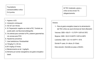 Traumatismo
craneoencefálico critico
/3-4 puntos.
1. Ingreso a UCI.
2. Intubación orotraqueal
3. O2 3LT por minuto.
4. Si Trepanación negativa se mide la PIC. También se
puede pedir una Neumoencefalografía.
5. Vía arterial para controlar la PA y obtener gasometrías;
vía venosa para PVC.
6. Hipotermia preventiva
7. Usar barbitúricos: Pentobarbital
a) 10mg/kg IV x 30 min.
b) B 5 mg/kg c/3 horas.
c) Mantenimiento es de 1 mg/kg/hr.
d) Alimento por sonda nasogástrica ara gasto energético
basal.
Al TEC moderado, grave y
crítico se les envían TC
obligatoriamente.
Anexos:
1- Para el gasto energético basal en la alimentación
del TEC crítico se usa la formula de Harris Benedict:
Varones: GEB = 66.47 + 13.75*P+1.85*A-6.76*E
Mujeres: GEB = 65.51+9.56*P+1.85*A-4.68*E
Lactantes: GEB = 22.1+31.05*P+1.16*A
Donde P= peso, A= altura, E= Edad.
Esta solución, Osmolite se pasa a 30ml/hr.
 