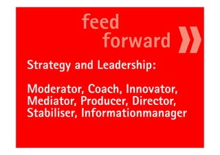 Strategy and Leadership:
Moderator, Coach, Innovator,
Mediator, Producer, Director,
Stabiliser, Informationmanager
 