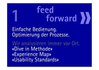 Einfache Bedienung.
Optimierung der Prozesse.
Wir analysieren immer vor Ort.
«Dive in Methode»
«Experience Map»
«Usability Standards»
         34                  11.05.11
 