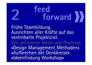 Frühe Teambildung.
Ausrichten aller Kräfte auf das
vereinbarte Projektziel.
Wir animieren Ideen und Prozesse.
«Design Management Methoden»
«Aufbrechen der Denkkreise»
«Ideenfindung Workshop»
         36                 11.05.11
 