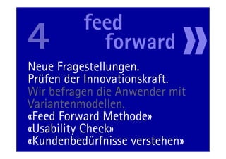 Neue Fragestellungen.
Prüfen der Innovationskraft.
Wir befragen die Anwender mit
Variantenmodellen.
«Feed Forward Methode»
«Usability Check»
«Kundenbedürfnisse verstehen»
         40                11.05.11
 