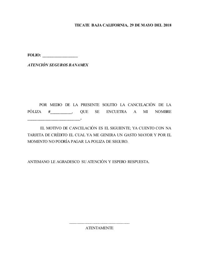 Formato de Carta de Cancelacion de Tarjeta