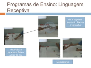 Programas de Ensino: Linguagem
Receptiva
Instrução: a
terapeuta fala o
nome da cor
Da a seguinte
instrução: Me dá
o vermelho
Motivadores
 