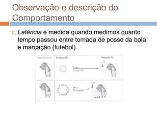 Observação e descrição do
Comportamento
 Latência é medida quando medimos quanto
tempo passou entre tomada de posse da bola
e marcação (futebol).
 