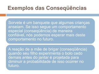 Exemplos das Conseqüências
Sorvete é um banquete que algumas crianças
anseiam. Se isso segue um comportamento
especial (conseqüência) de maneira
confiável, nós podemos esperar mais deste
comportamento no futuro.
A reação de a mãe de brigar (conseqüência)
quando seu filho experimenta o bolo cedo
demais antes do jantar é projetada para
diminuir a probabilidade de isso ocorrer no
futuro.
 