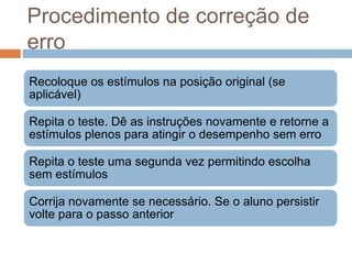 Procedimento de correção de
erro
Recoloque os estímulos na posição original (se
aplicável)
Repita o teste. Dê as instruções novamente e retorne a
estímulos plenos para atingir o desempenho sem erro
Repita o teste uma segunda vez permitindo escolha
sem estímulos
Corrija novamente se necessário. Se o aluno persistir
volte para o passo anterior
 