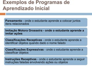 Exemplos de Programas de
Aprendizado Inicial
Pareamento - onde o estudante aprende a colocar juntos
itens relacionados
Imitação Motora Grosseira - onde o estudante aprende a
imitar ações
Classificações Receptivas - onde o estudante aprende a
identificar objetos quando dado o nome falado
Classificações Expressivas - onde o estudante aprende a
classificar objetos
Instruções Receptivas - onde o estudante aprende a seguir
instruções faladas envolvendo ações ou objetos
 