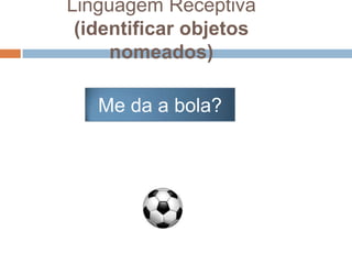 Me da a bola?
Linguagem Receptiva
(identificar objetos
nomeados)
 