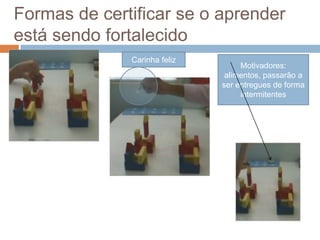 Formas de certificar se o aprender
está sendo fortalecido
Motivadores:
alimentos, passarão a
ser entregues de forma
intermitentes
Carinha feliz
 