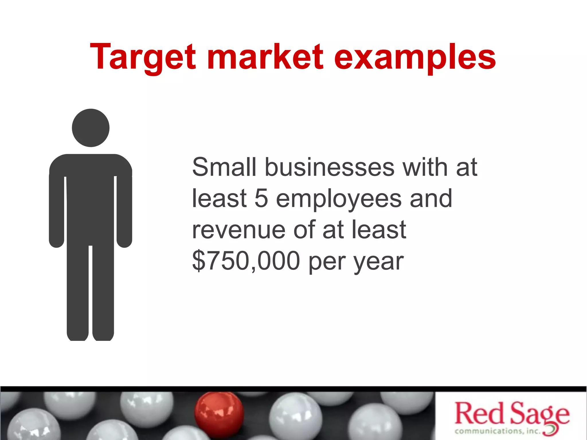 Target market examples 
Small businesses with at 
least 5 employees and 
revenue of at least 
$750,000 per year 
 