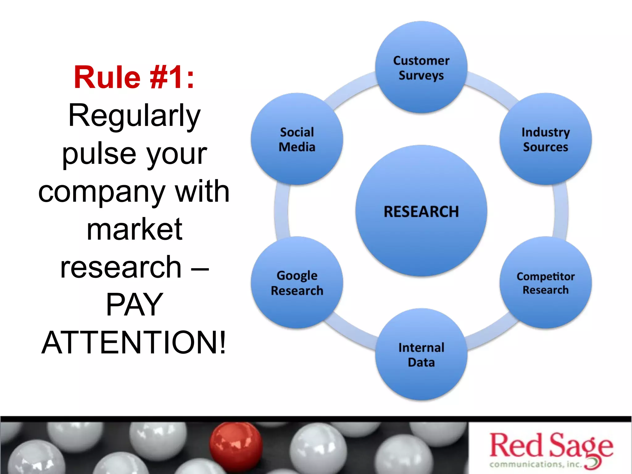 Rule #1: 
Regularly 
pulse your 
company with 
market 
research – 
PAY 
ATTENTION! 
 