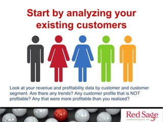 Start by analyzing your 
existing customers 
Look at your revenue and profitability data by customer and customer 
segment. Are there any trends? Any customer profile that is NOT 
profitable? Any that were more profitable than you realized? 
 