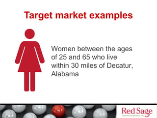 Target market examples 
Women between the ages 
of 25 and 65 who live 
within 30 miles of Decatur, 
Alabama 
 