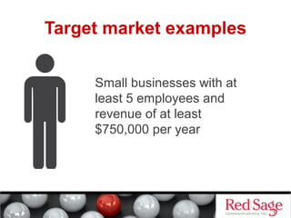 Target market examples 
Small businesses with at 
least 5 employees and 
revenue of at least 
$750,000 per year 
 