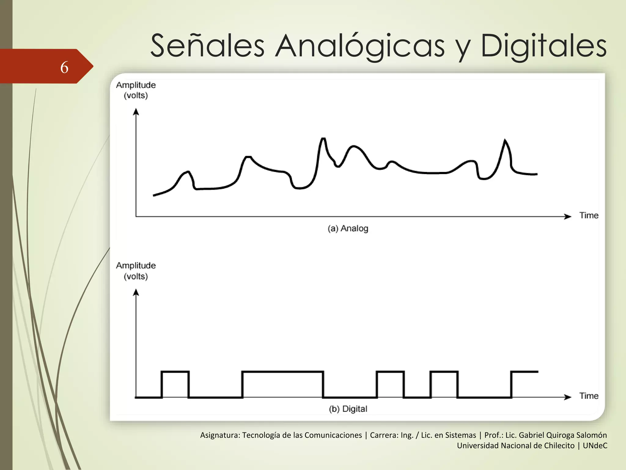 Terminología (3)
Simplex
Una dirección
ej. Televisión
Half duplex
Cualquier dirección, pero solo una a la
vez
ej. Radio de la policía, taxi, etc
Full duplex
Ambas direcciones al mismo tiempo
ej. teléfono
6
 