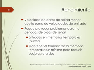 Rendimiento
 Velocidad de datos de salida menor
que la suma de velocidades de entrada
 Puede provocar problemas durante
períodos de picos de señal
Entradas en memorias temporales
(buffer)
Mantener el tamaño de la memoria
temporal a un mínimo para reducir
posibles retardos
28
Asignatura: Tecnología de las Comunicaciones | Carrera: Ing. / Lic. en Sistemas | Prof.: Lic. Gabriel Quiroga Salomón
Universidad Nacional de Chilecito | UNdeC
 