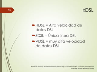 xDSL
HDSL = Alta velocidad de
datos DSL
SDSL = Única línea DSL
VDSL = muy alta velocidad
de datos DSL
39
Asignatura: Tecnología de las Comunicaciones | Carrera: Ing. / Lic. en Sistemas | Prof.: Lic. Gabriel Quiroga Salomón
Universidad Nacional de Chilecito | UNdeC
 