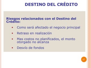 DESTINO DEL CRÉDITO Riesgos relacionados con el Destino del Crédito: Como será afectado el negocio principal Retraso en realización Mas costos no planificados, el monto otorgado no alcanza Desvío de fondos   
