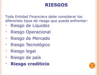 RIESGOS Riesgo de Liquidez Riesgo Operacional Riesgo de Mercado Riesgo Tecnológico Riesgo legal Riesgo de país Riesgo crediticio  / 99 Toda Entidad Financiera debe considerar los diferentes tipos de riesgo que pueda enfrentar:  