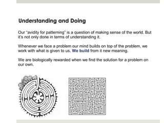 Understanding and Doing

Our “avidity for patterning” is a question of making sense of the world. But
it’s not only done in terms of understanding it.

Whenever we face a problem our mind builds on top of the problem, we
work with what is given to us. We build from it new meaning.

We are biologically rewarded when we find the solution for a problem on
our own.
 