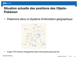 ||
Geomatik und Planung
 Pokémons dans un Système d'information géographique:
 Image: ETH Campus Hönggerberg https://www.pokemongomap.info
Situation actuelle des positions des Objets-
Pokémon
2016www.geomatik.ethz.ch 10
 