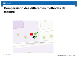 ||
Geomatik und Planung
Pour comparer les 3 différentes méthodes de mesure (carte a
papier, Collector App, OMLETH App), transmet les Pokémons
de la carte a papier dans le Système d'information
géographique (Link-carte-Web*).
* https://omleth.ch/workshop/tecday_fr.html (Tâche 2)
Tour 1
Tour 2
Tour 3
-> Utilise le même Username que les Géomètres Collector-App / OMLETH App
Maintenant vous devriez avoir 3 mesures par Object-
Pokémon.
2016www.geomatik.ethz.ch 22
Transmission dans le SIG
 