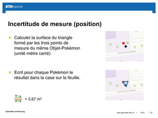 ||
Geomatik und Planung
Analysez les résultats (grande
valeur, petite valeur) et comparez les
avec la description des différents
environnement de mesure
Reconnaissez-vous un modèle?
Que peuvent être des raisons pour
cela?
Que «fait» le GPS?
2016www.geomatik.ethz.ch 26
Incertitude de mesure (position)
Kontext Wert
Quelques
haies, mais
vue libre vers
le haut
25.45
d'un côté mur
haut d’une
maison,
cependant une
vue dégagée
vers le haut
20,89
Arbres et
auvent
55,42
 