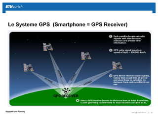 ||
Geomatik und Planung
Précision du GPS sur les smartphones
Dépend de:
 Assisted-GPS (A-GPS)
 Capteurs (Antenne, nombre de canaux)
 Constellation des satellites
 Effets atmosphériques
 Cadre terrestre
 Positionnement WiFi
 Positionnement avec le réseau
mobile (Cellular network positioning)
Source: wikimedia.org
2016www.geomatik.ethz.ch 30
 