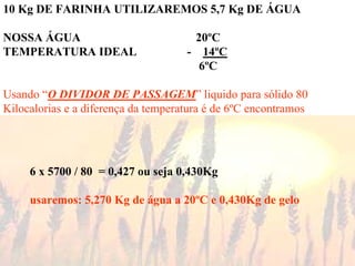 10 Kg DE FARINHA UTILIZAREMOS 5,7 Kg DE ÁGUA
NOSSA ÁGUA 20ºC
TEMPERATURA IDEAL - 14ºC
6ºC
Usando “O DIVIDOR DE PASSAGEM” liquido para sólido 80
Kilocalorias e a diferença da temperatura é de 6ºC encontramos
6 x 5700 / 80 = 0,427 ou seja 0,430Kg
usaremos: 5,270 Kg de água a 20ºC e 0,430Kg de gelo
 