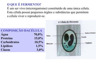 O QUE É FERMENTO?
É um ser vivo (microrganismo) constituído de uma única célula.
Esta célula possui pequenos órgãos e substâncias que permitem
a célula viver e reproduzir-se.
COMPOSIÇÃO DACÉLULA
Água 70,0%
Proteína 15,0%
Carboidratos 10,5%
Lipídeos 1,5%
Cinzas 3,0%
 