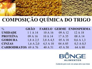 COMPOSIÇÃO QUÍMICA DO TRIGO
% GRÃO FARELO GERME ENDOSPERMA
UMIDADE 1 1 A 14 10 A 16 09 A 12 12 A 18
PROTEÍNA 09 A 16 10 A 14 17 A 35 08 A 14
GORDURA 1,8 A 2,5 3,8 A 4,5 05 A 18 0,6 A 1,3
CINZAS 1,6 A 2,0 4,5 A 10 04 A 05 0,3 A 0,5
CARBOIDRATOS 69 A 76 40 A 51 45 A 50 64 A 80
 