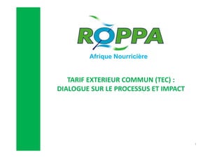 Afrique Nourricière

TARIF EXTERIEUR COMMUN (TEC) :
DIALOGUE SUR LE PROCESSUS ET IMPACT

1

 