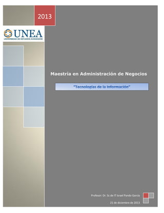 2013

Maestría en Administración de Negocios

Profesor: Dr. Sc de IT Israel Pando García
21 de diciembre de 2013

 