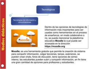 Tecnológicos

Tecnologías de información y
comunicaciones

Dentro de las opciones de tecnologías de
información más importantes para ser
usadas como herramientas en el proceso
de enseñanza, en modo colaborativo o
no, se puede mencionar la plataforma
educativa Moodle la cual puede ser
accesada en la dirección
https://moodle.org
Moodle; es una herramienta gratuita que permite la creación de sistema
para compartir información, colgar lecciones, tareas, exámenes, se
pueden crear chats, foros de discusión, tiene opciones de correo
interno, los estudiantes pueden subir y compartir información, en fin tiene
una gran cantidad de opciones para profesores y estudiantes.

 