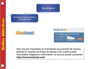 Tecnológicos

Tecnologías de información y
comunicaciones

Otro recurso importante es el timetoast que permite de manera
gratuita la creación de líneas de tiempo a las cuales puede
incluírseles imágenes e información, el recurso puede accesarse
http://www.timetoast.com/

 