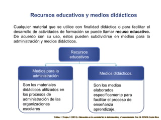 Cualquier material que se utilice con finalidad didáctica o para facilitar el
desarrollo de actividades de formación se puede llamar recuso educativo.
De acuerdo con su uso, estos pueden subdividirse en medios para la
administración y medios didácticos.
Recursos
educativos

Medios para la
administración
Son los materiales
didácticos utilizados en
los procesos de
administración de las
organizaciones
escolares

Medios didácticos.
Son los medios
elaborados
específicamente para
facilitar el proceso de
enseñanza
aprendizaje.

 