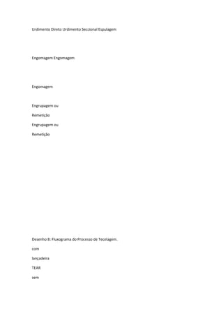 Urdimento Direto Urdimento Seccional Espulagem
Engomagem Engomagem
Engomagem
Engrupagem ou
Remetição
Engrupagem ou
Remetição
Desenho 8: Fluxograma do Processo de Tecelagem.
com
lançadeira
TEAR
sem
 
