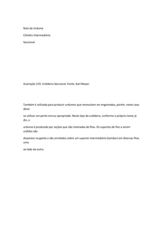 Rolo de Urdume
Cilindro Intermediário
Seccional
Ilustração 119: Urdideira Seccional. Fonte: Karl Mayer.
Também é utilizada para produzir urdumes que necessitam ser engomados, porém, neste caso
deve-
se utilizar um pente encruz apropriado. Neste tipo de urdideira, conforme o próprio nome já
diz, o
urdume é produzido por seções que são chamadas de fitas. Os suportes de fios a serem
urdidos são
dispostos na gaiola e são enrolados sobre um suporte intermediário (tambor) em diversas fitas
uma
ao lado da outra.
 