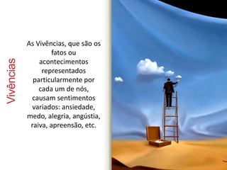 Vivências 
As Vivências, que são os 
fatos ou 
acontecimentos 
representados 
particularmente por 
cada um de nós, 
causam sentimentos 
variados: ansiedade, 
medo, alegria, angústia, 
raiva, apreensão, etc. 
 
